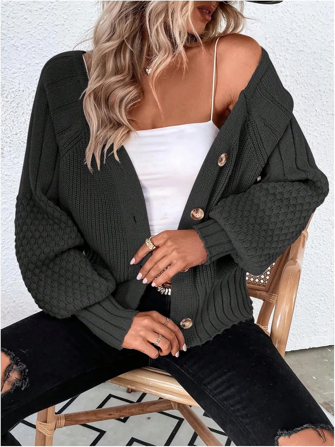 GORGLITTER Women's Cable Knit Long Sleeve Button Up Cardigan Sweater Cropped Casual Fall Knitted Sweaters