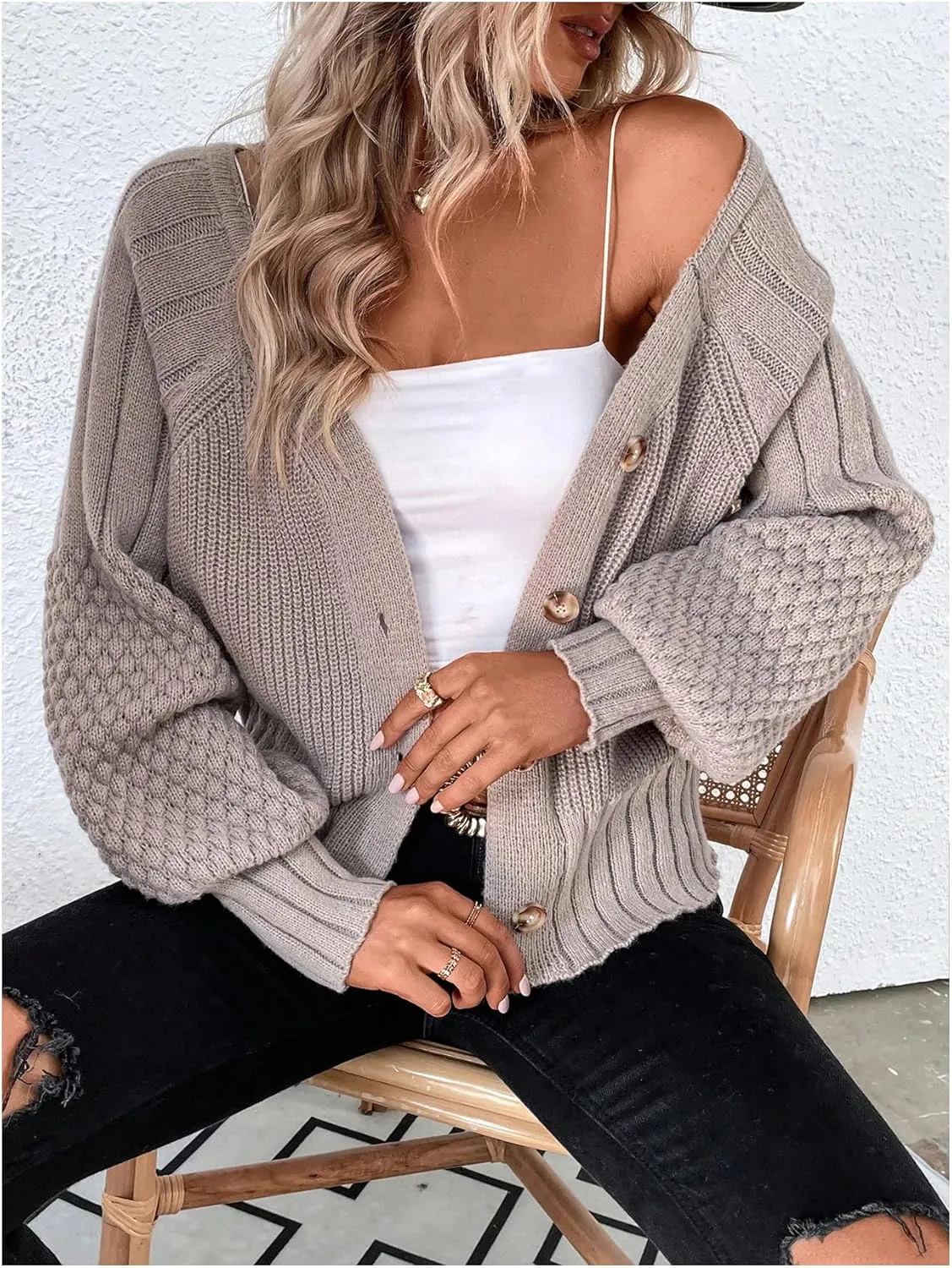 GORGLITTER Women's Cable Knit Long Sleeve Button Up Cardigan Sweater Cropped Casual Fall Knitted Sweaters