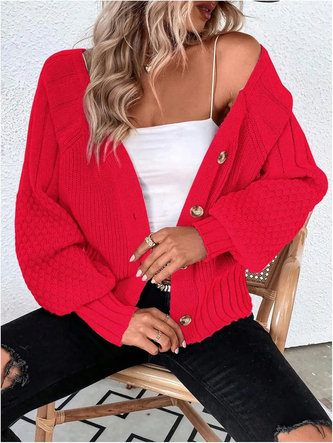 GORGLITTER Women's Cable Knit Long Sleeve Button Up Cardigan Sweater Cropped Casual Fall Knitted Sweaters