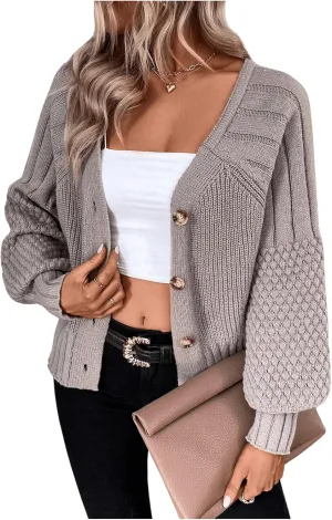 GORGLITTER Women's Cable Knit Long Sleeve Button Up Cardigan Sweater Cropped Casual Fall Knitted Sweaters