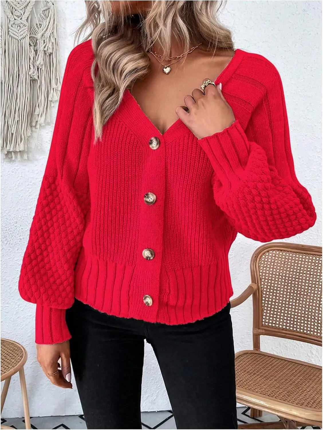 GORGLITTER Women's Cable Knit Long Sleeve Button Up Cardigan Sweater Cropped Casual Fall Knitted Sweaters