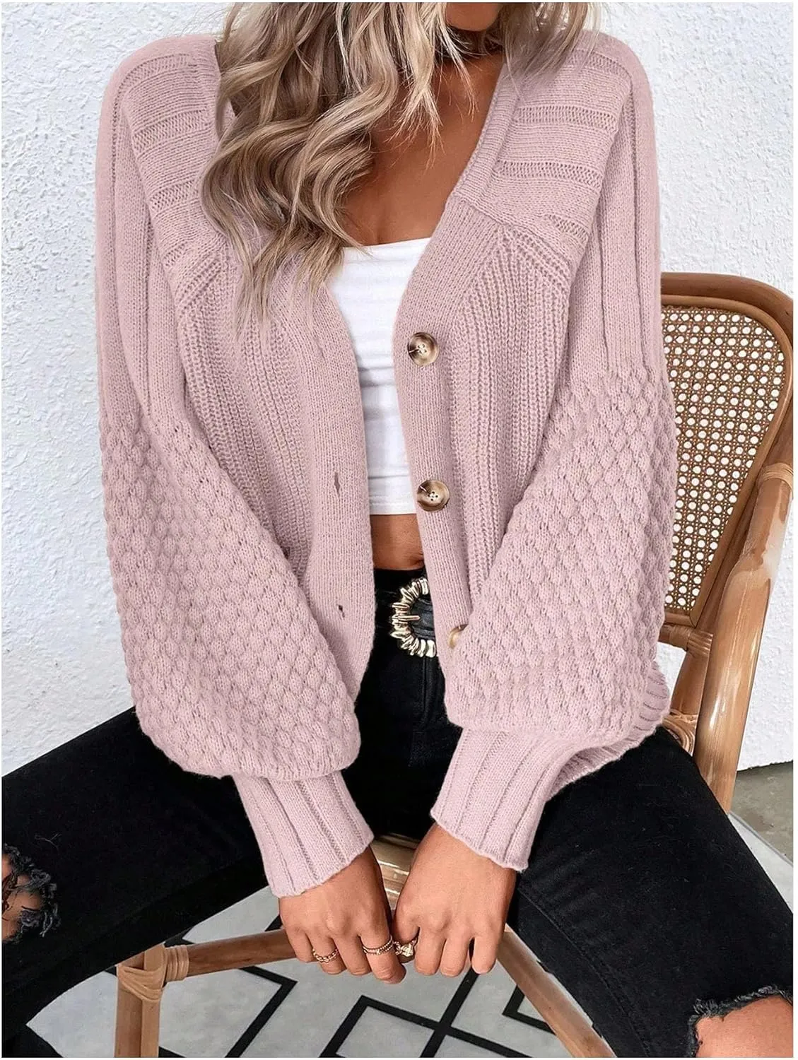 GORGLITTER Women's Cable Knit Long Sleeve Button Up Cardigan Sweater Cropped Casual Fall Knitted Sweaters