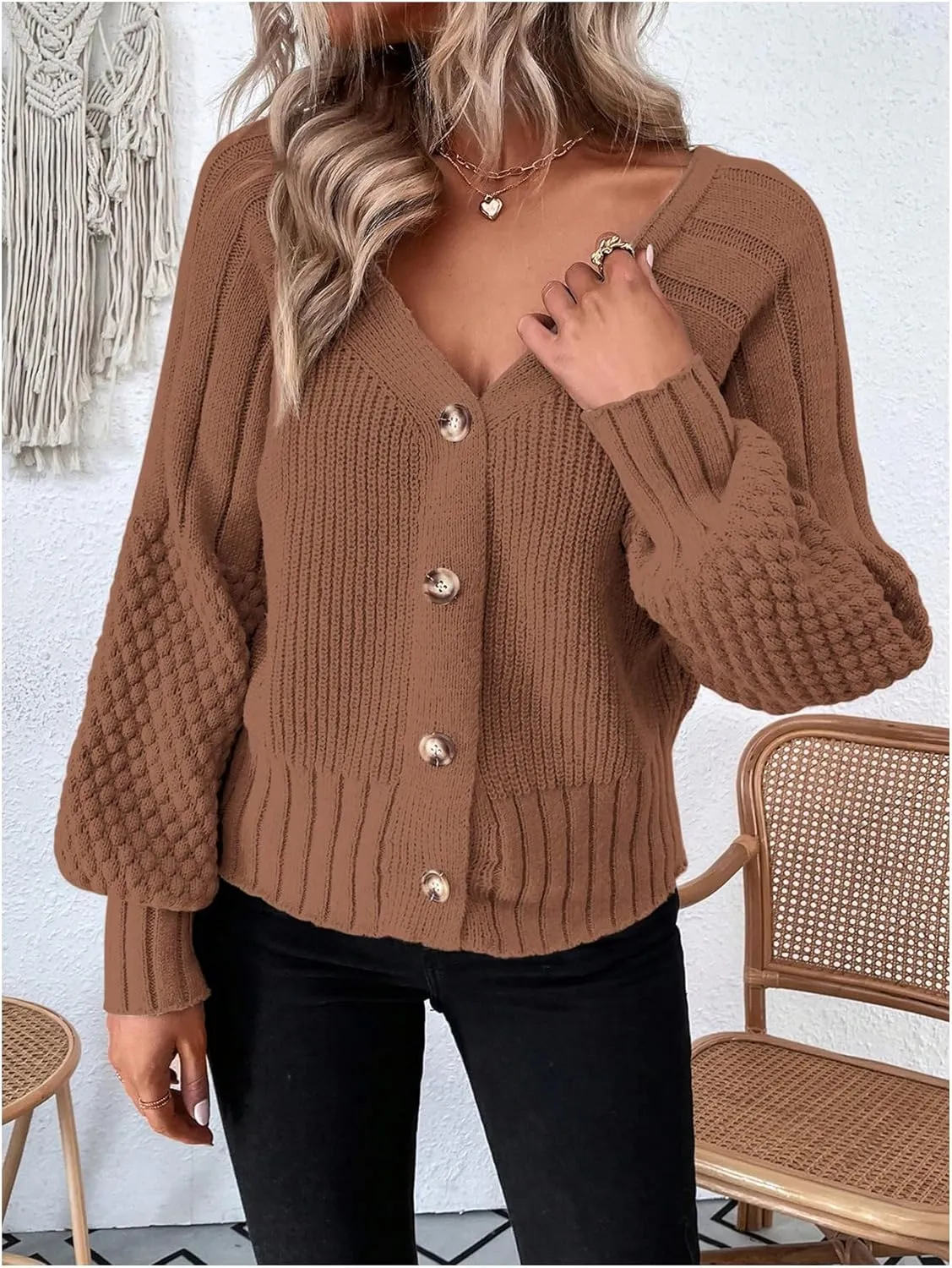GORGLITTER Women's Cable Knit Long Sleeve Button Up Cardigan Sweater Cropped Casual Fall Knitted Sweaters