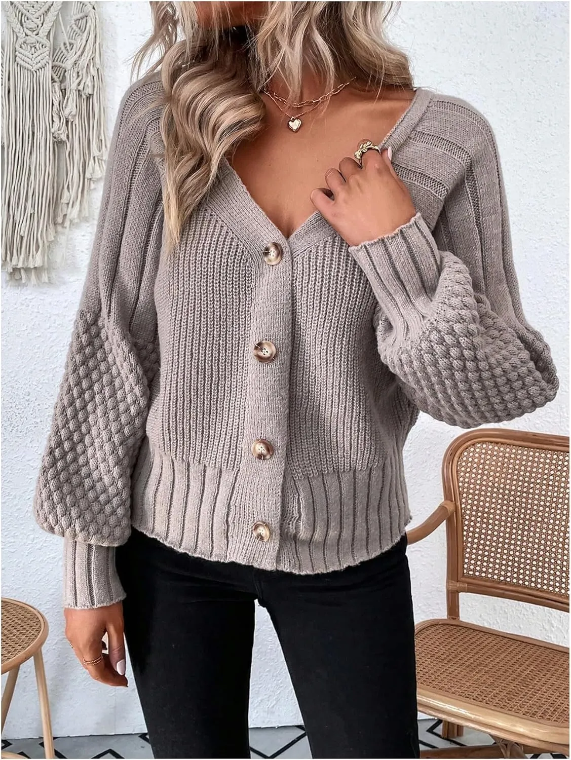 GORGLITTER Women's Cable Knit Long Sleeve Button Up Cardigan Sweater Cropped Casual Fall Knitted Sweaters