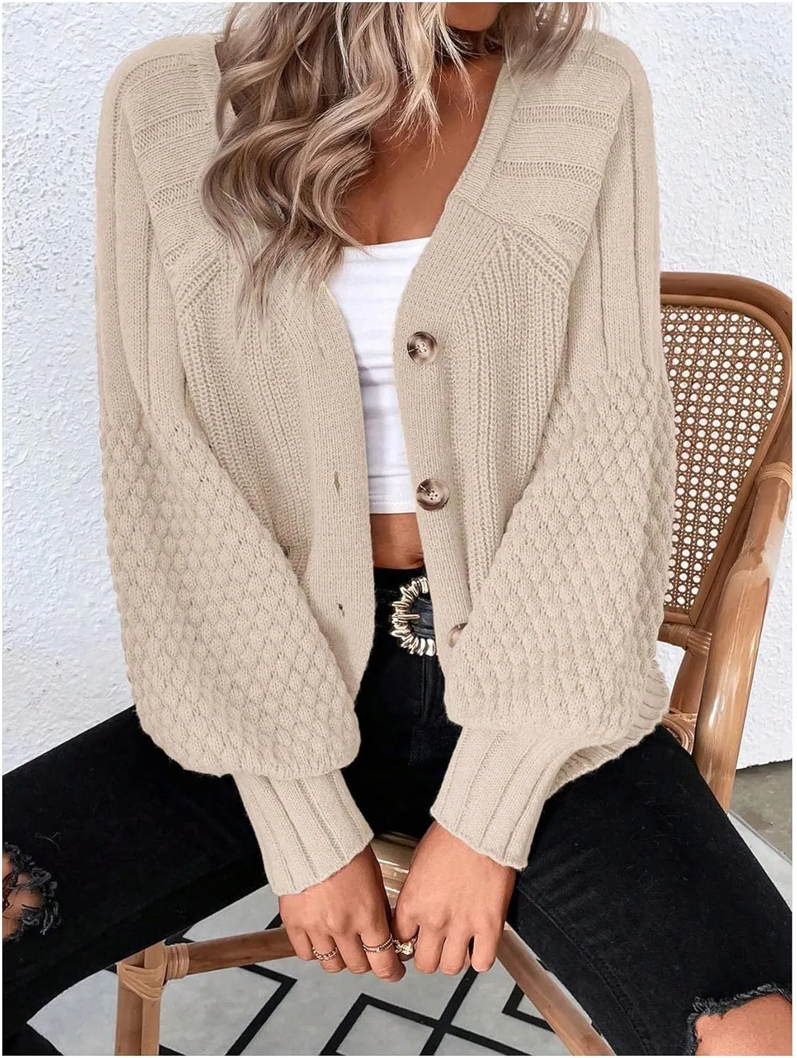 GORGLITTER Women's Cable Knit Long Sleeve Button Up Cardigan Sweater Cropped Casual Fall Knitted Sweaters