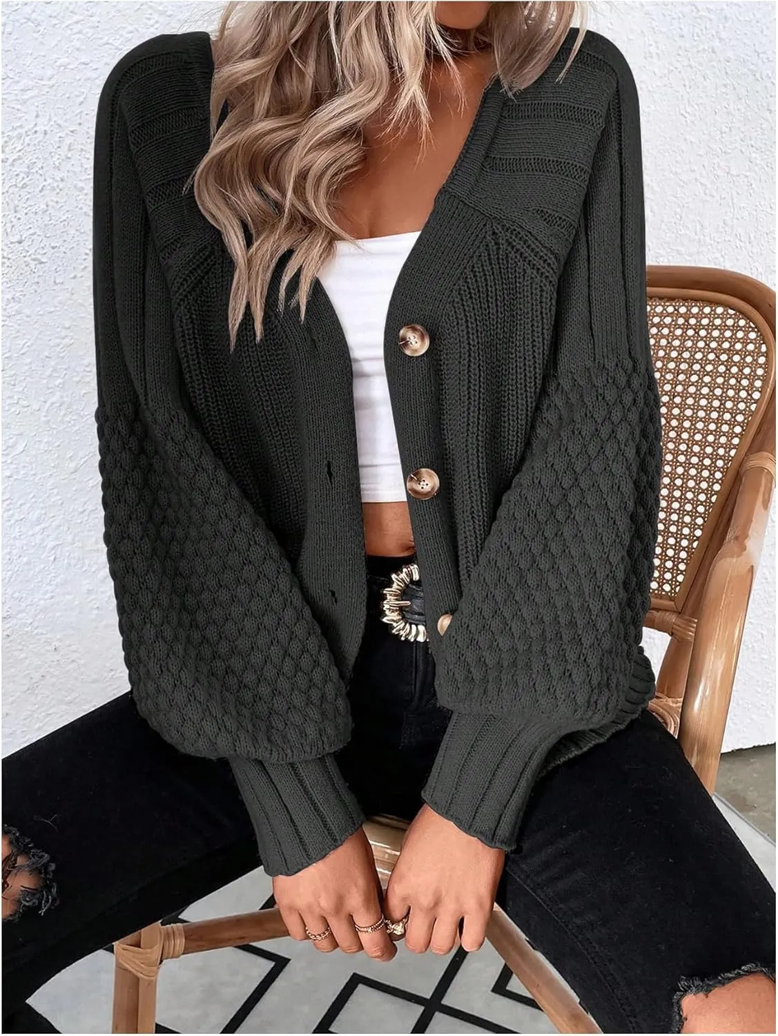 GORGLITTER Women's Cable Knit Long Sleeve Button Up Cardigan Sweater Cropped Casual Fall Knitted Sweaters