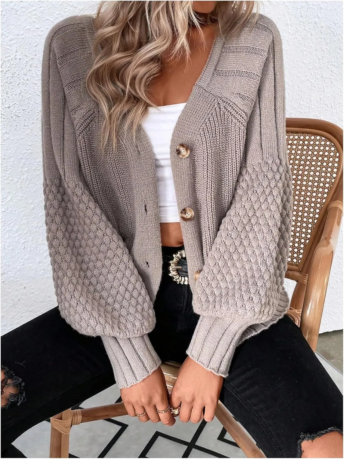 GORGLITTER Women's Cable Knit Long Sleeve Button Up Cardigan Sweater Cropped Casual Fall Knitted Sweaters
