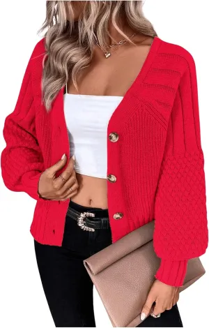 GORGLITTER Women's Cable Knit Long Sleeve Button Up Cardigan Sweater Cropped Casual Fall Knitted Sweaters