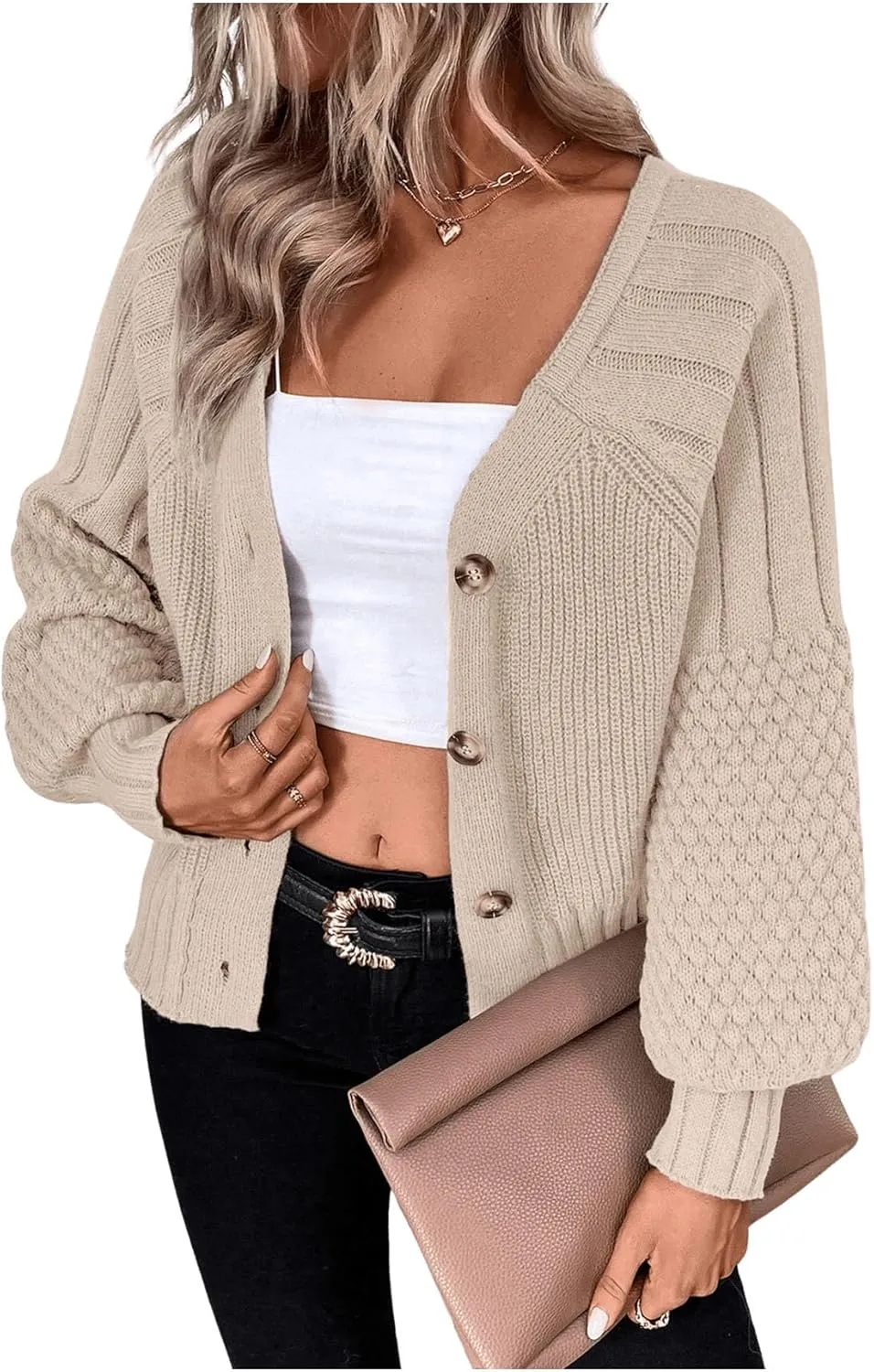 GORGLITTER Women's Cable Knit Long Sleeve Button Up Cardigan Sweater Cropped Casual Fall Knitted Sweaters