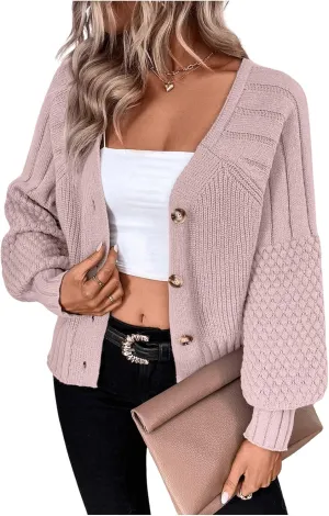GORGLITTER Women's Cable Knit Long Sleeve Button Up Cardigan Sweater Cropped Casual Fall Knitted Sweaters