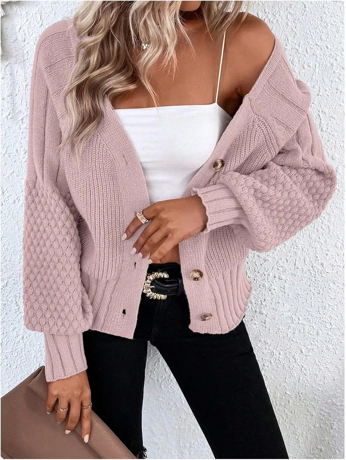 GORGLITTER Women's Cable Knit Long Sleeve Button Up Cardigan Sweater Cropped Casual Fall Knitted Sweaters