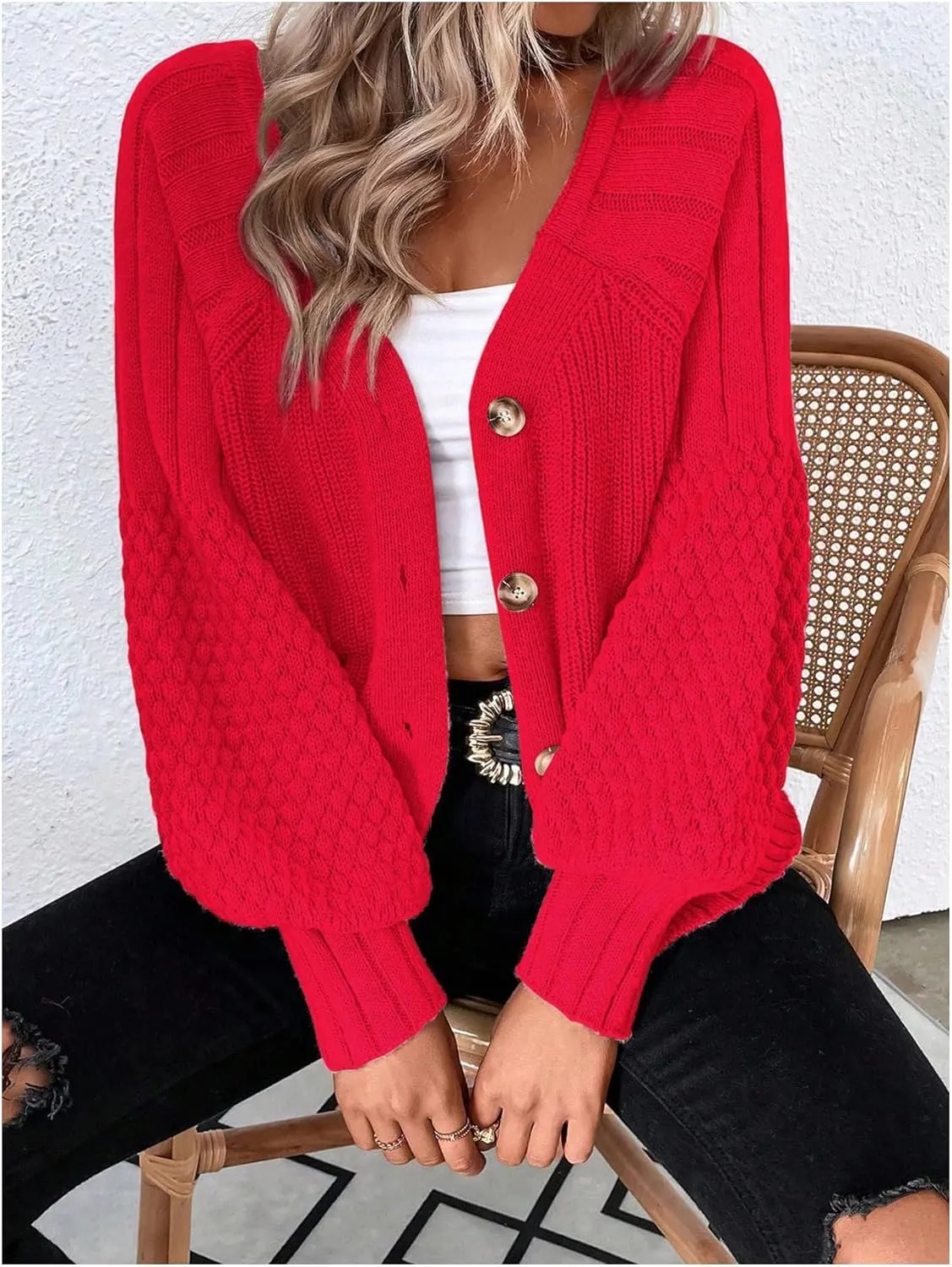 GORGLITTER Women's Cable Knit Long Sleeve Button Up Cardigan Sweater Cropped Casual Fall Knitted Sweaters