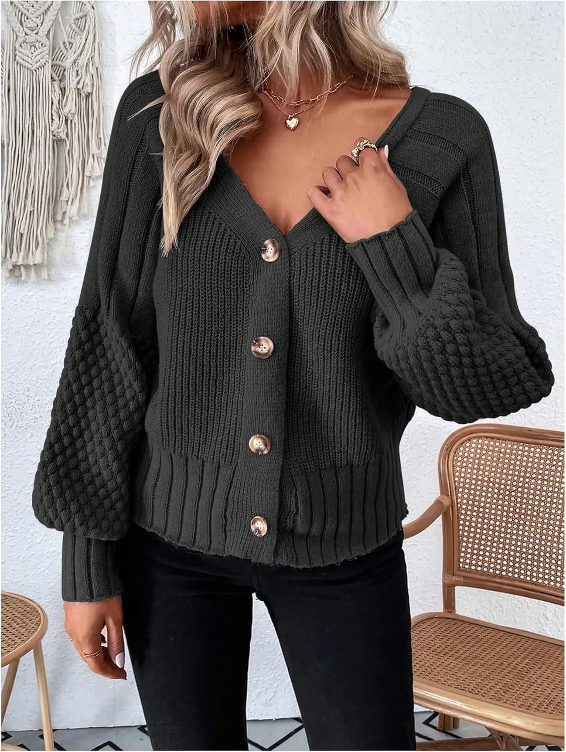 GORGLITTER Women's Cable Knit Long Sleeve Button Up Cardigan Sweater Cropped Casual Fall Knitted Sweaters
