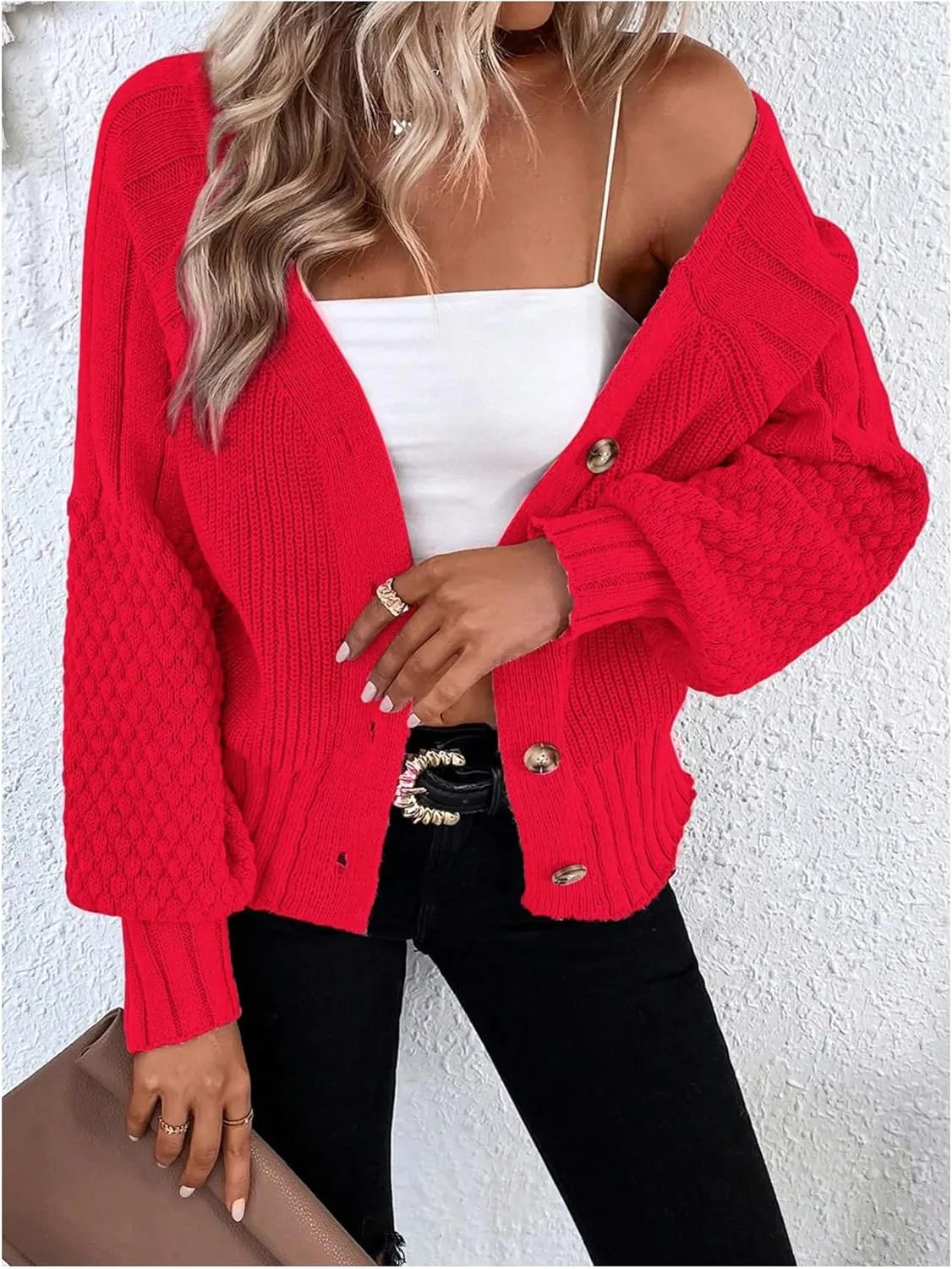 GORGLITTER Women's Cable Knit Long Sleeve Button Up Cardigan Sweater Cropped Casual Fall Knitted Sweaters