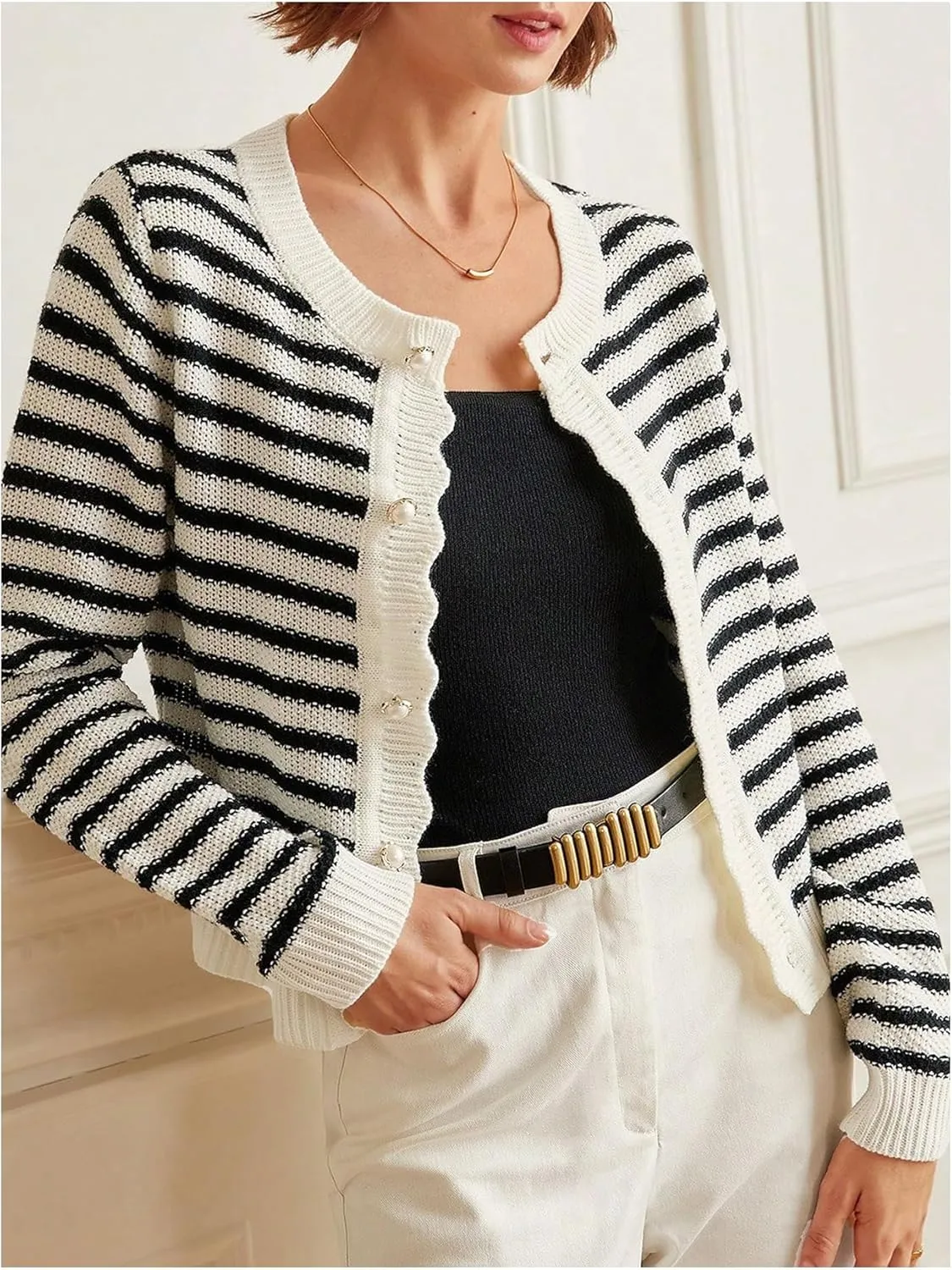 GORGLITTER Women's Contrast Binding Plaid Button Down Sweater Cardigan Color Block Long Sleeve Sweaters Outerwear