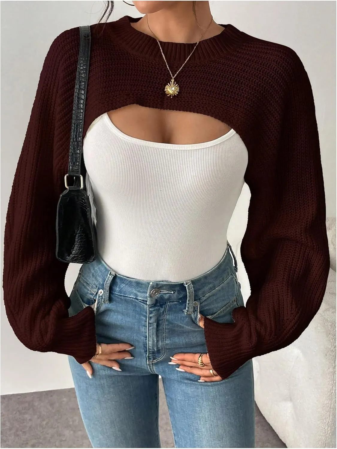 GORGLITTER Women's Cropped Sweater Mock Neck Bishop Sleeve Long Sleeve Knit Shrug Top