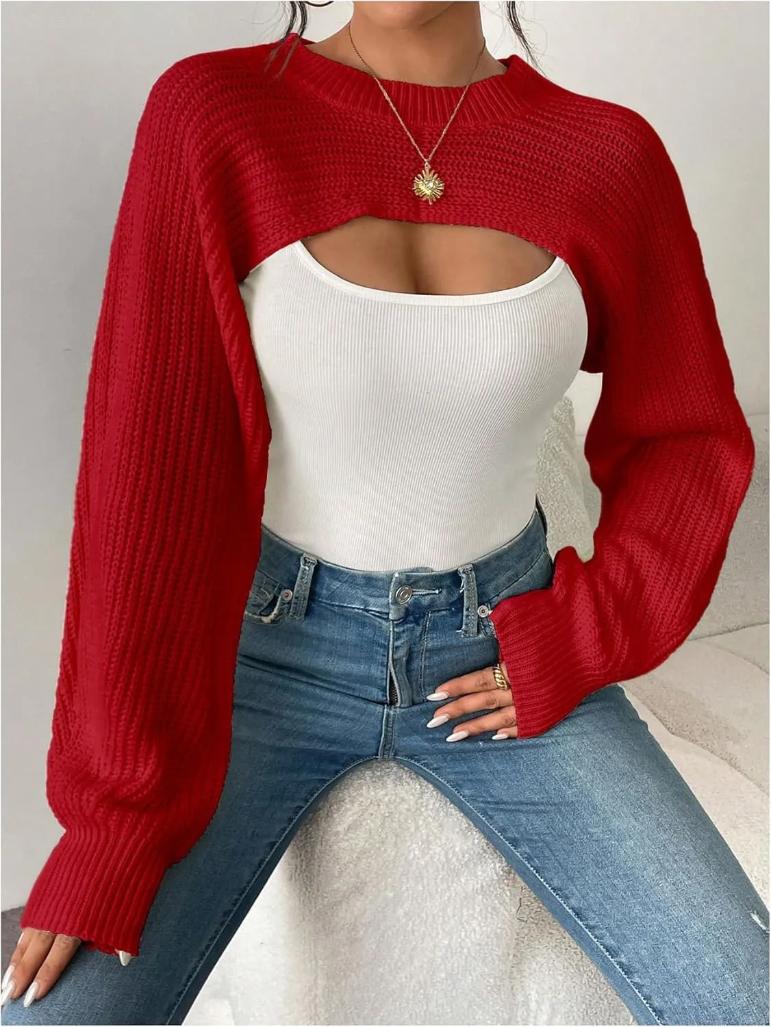 GORGLITTER Women's Cropped Sweater Mock Neck Bishop Sleeve Long Sleeve Knit Shrug Top