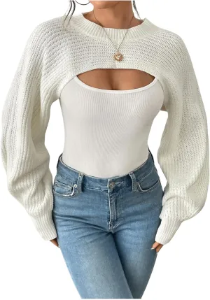 GORGLITTER Women's Cropped Sweater Mock Neck Bishop Sleeve Long Sleeve Knit Shrug Top