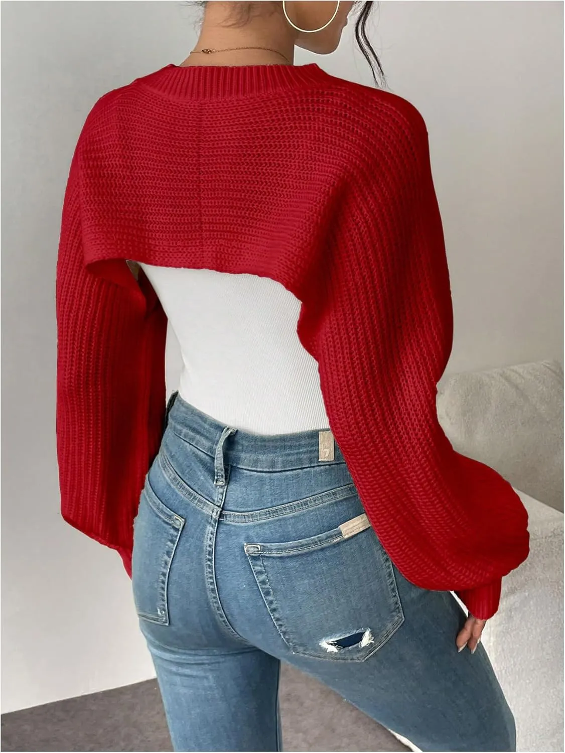 GORGLITTER Women's Cropped Sweater Mock Neck Bishop Sleeve Long Sleeve Knit Shrug Top