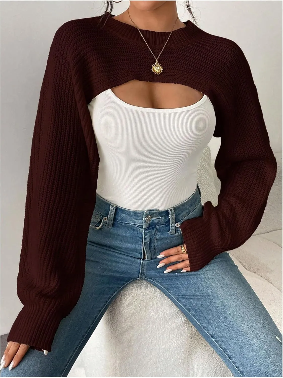 GORGLITTER Women's Cropped Sweater Mock Neck Bishop Sleeve Long Sleeve Knit Shrug Top