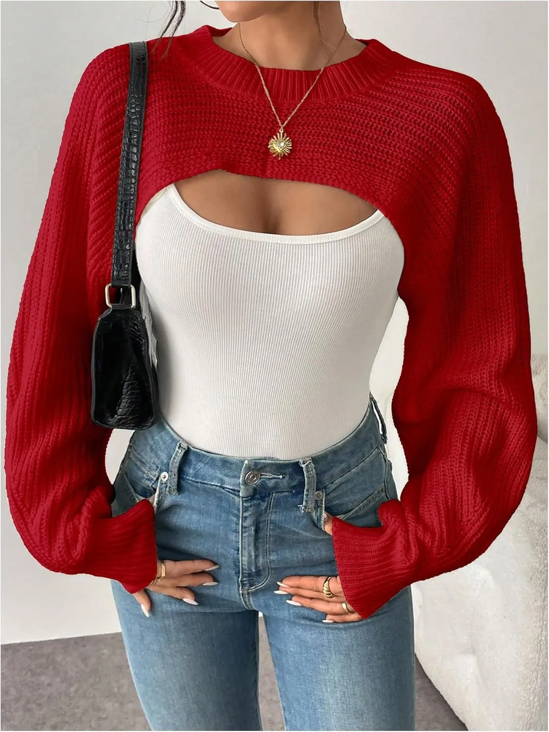 GORGLITTER Women's Cropped Sweater Mock Neck Bishop Sleeve Long Sleeve Knit Shrug Top