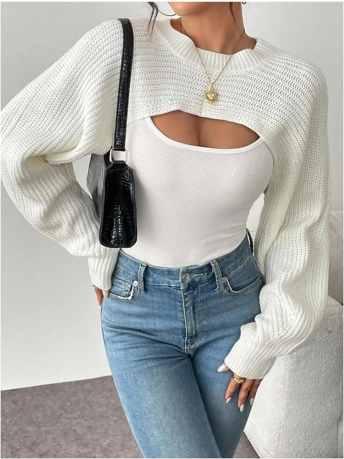 GORGLITTER Women's Cropped Sweater Mock Neck Bishop Sleeve Long Sleeve Knit Shrug Top