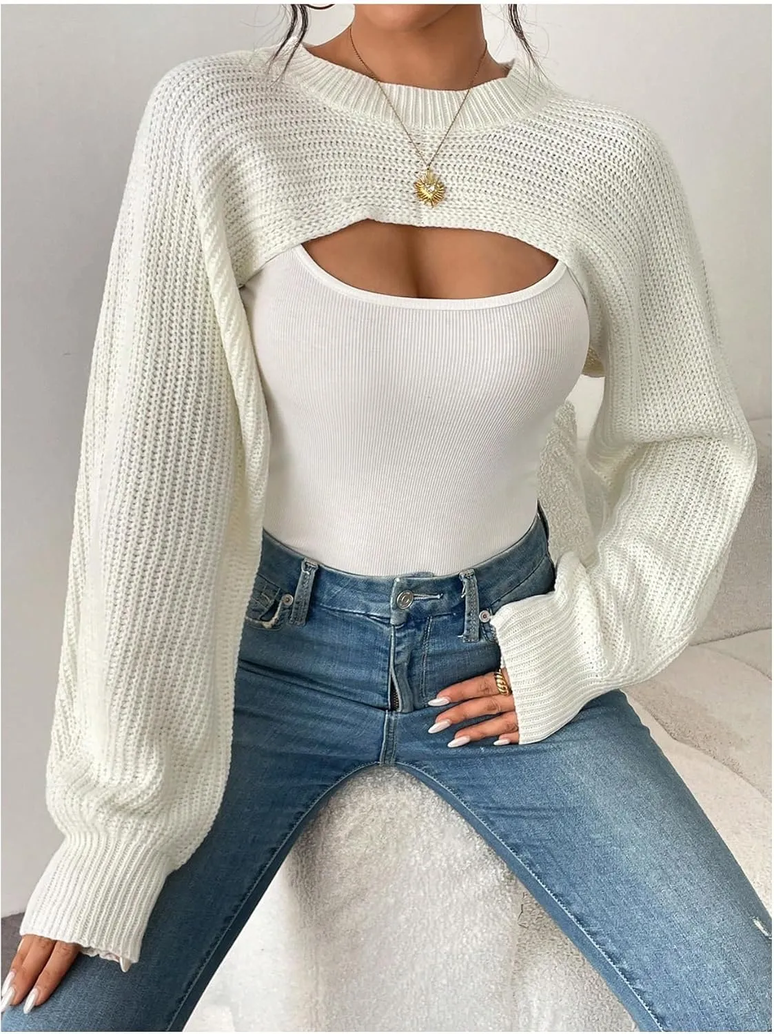 GORGLITTER Women's Cropped Sweater Mock Neck Bishop Sleeve Long Sleeve Knit Shrug Top