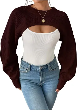 GORGLITTER Women's Cropped Sweater Mock Neck Bishop Sleeve Long Sleeve Knit Shrug Top