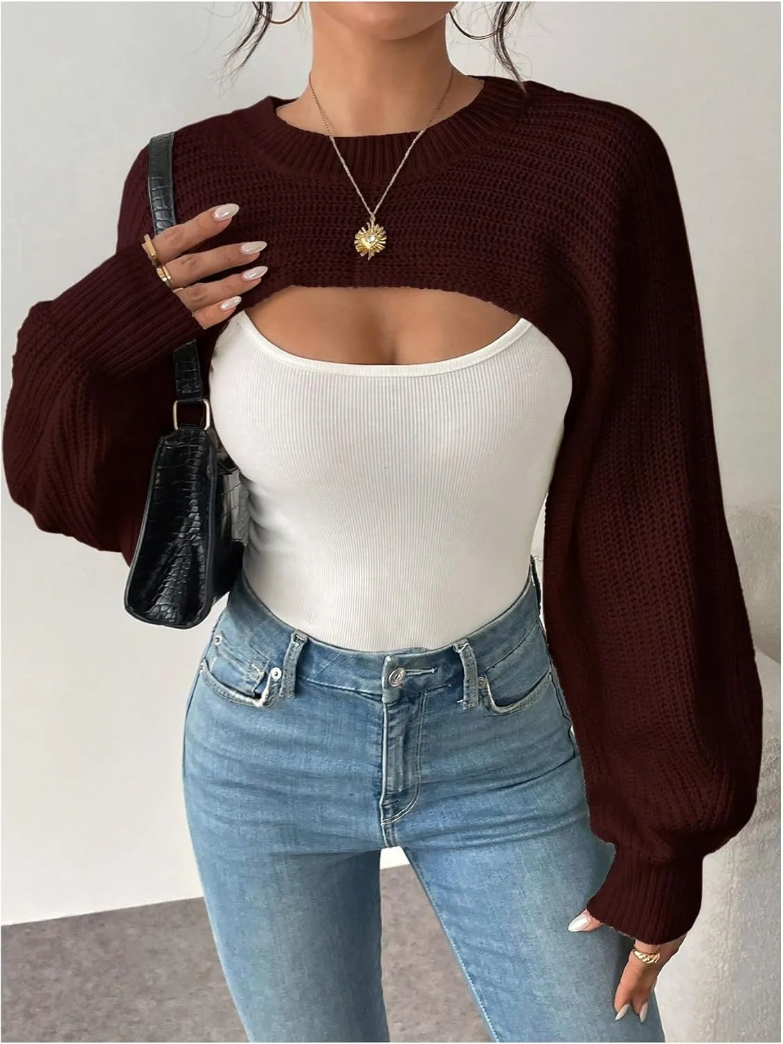 GORGLITTER Women's Cropped Sweater Mock Neck Bishop Sleeve Long Sleeve Knit Shrug Top