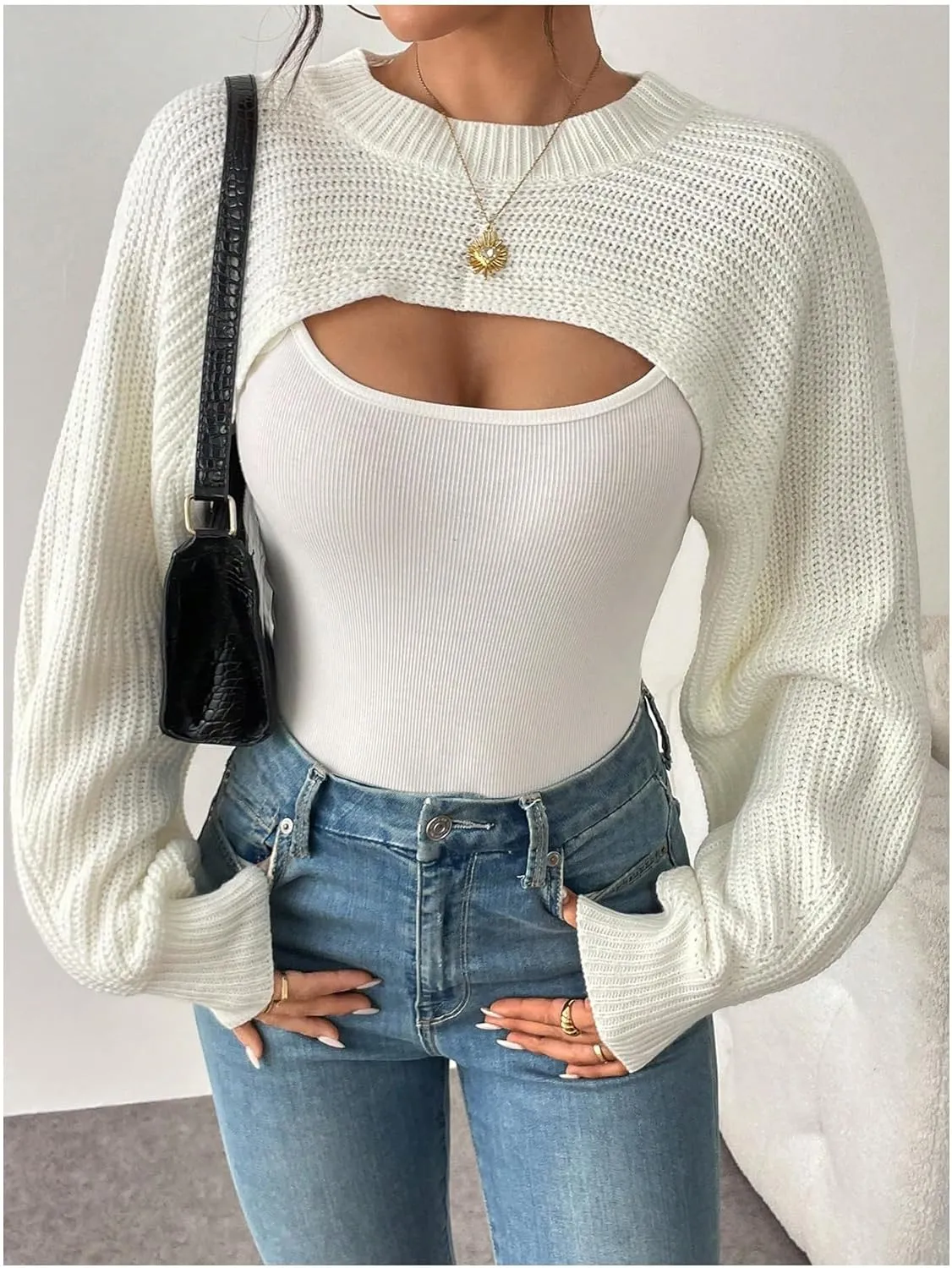 GORGLITTER Women's Cropped Sweater Mock Neck Bishop Sleeve Long Sleeve Knit Shrug Top