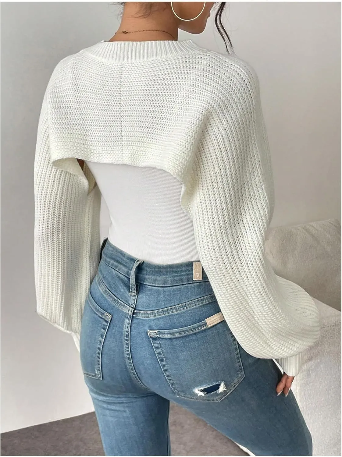 GORGLITTER Women's Cropped Sweater Mock Neck Bishop Sleeve Long Sleeve Knit Shrug Top