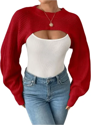 GORGLITTER Women's Cropped Sweater Mock Neck Bishop Sleeve Long Sleeve Knit Shrug Top