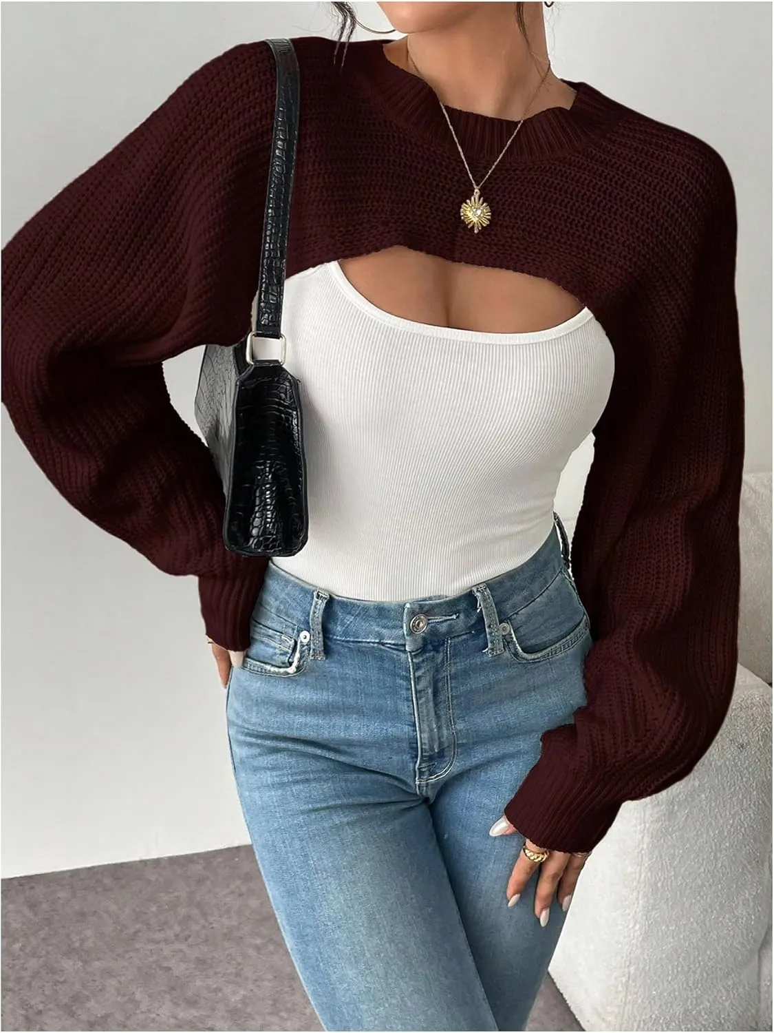 GORGLITTER Women's Cropped Sweater Mock Neck Bishop Sleeve Long Sleeve Knit Shrug Top