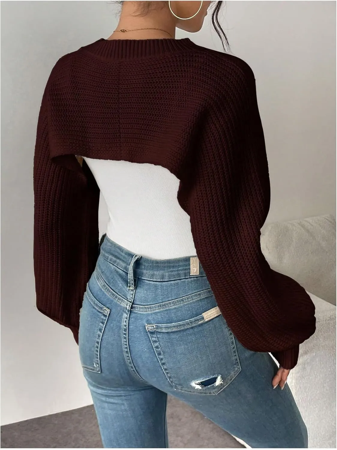 GORGLITTER Women's Cropped Sweater Mock Neck Bishop Sleeve Long Sleeve Knit Shrug Top