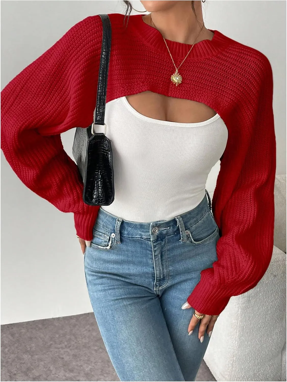 GORGLITTER Women's Cropped Sweater Mock Neck Bishop Sleeve Long Sleeve Knit Shrug Top