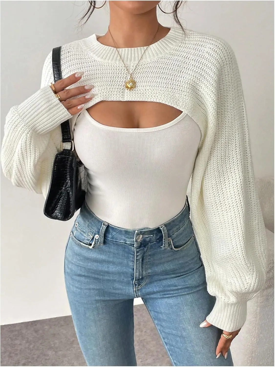 GORGLITTER Women's Cropped Sweater Mock Neck Bishop Sleeve Long Sleeve Knit Shrug Top