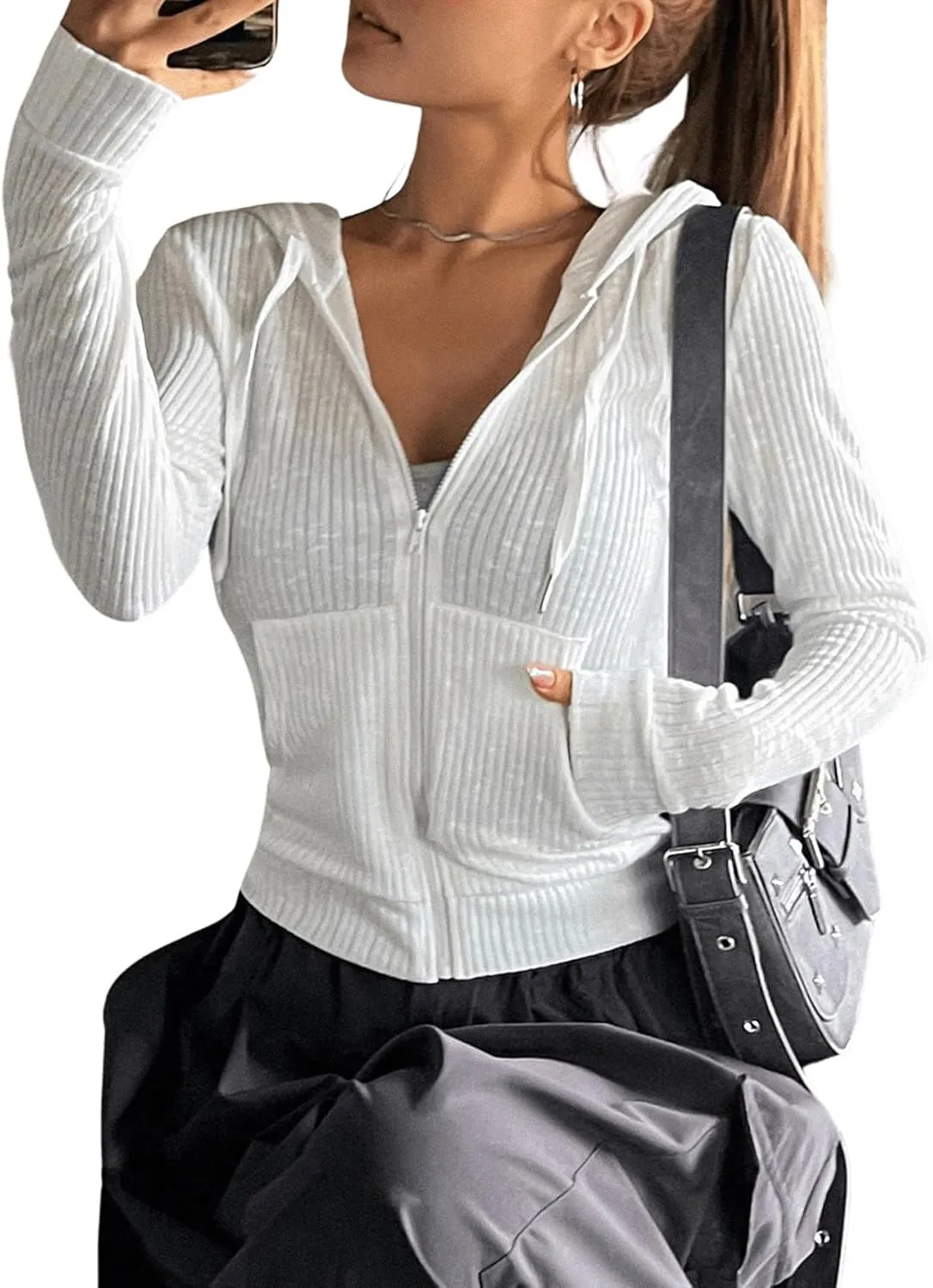 GORGLITTER Women's Lightweight Zip Up Hoodie Drawstring Long Sleeve Cropped Jacket