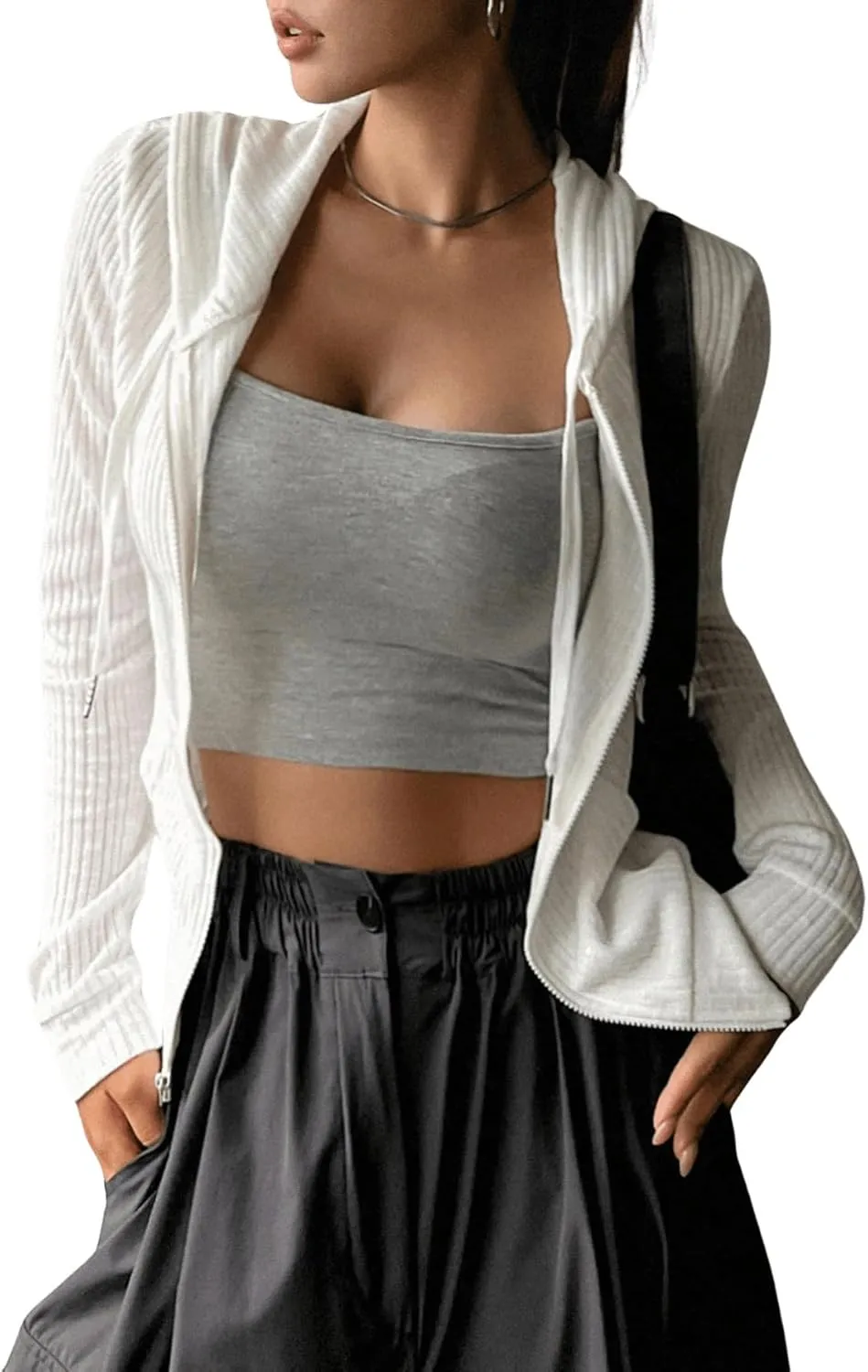 GORGLITTER Women's Lightweight Zip Up Hoodie Drawstring Long Sleeve Cropped Jacket