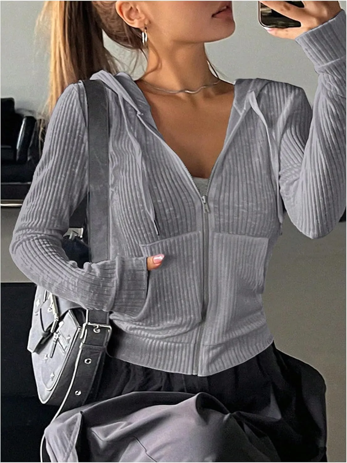 GORGLITTER Women's Lightweight Zip Up Hoodie Drawstring Long Sleeve Cropped Jacket