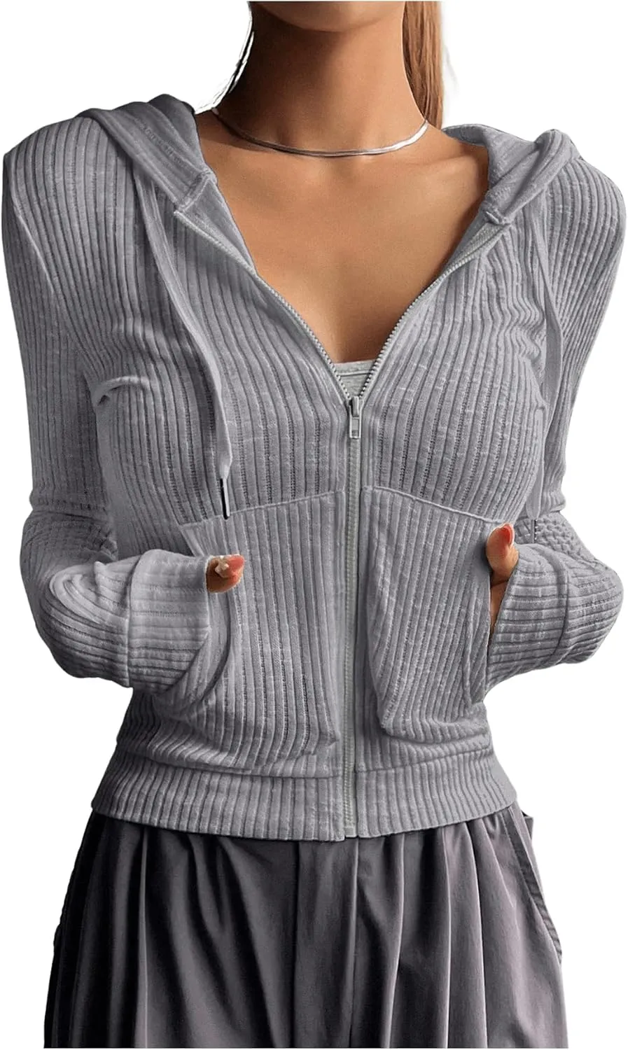 GORGLITTER Women's Lightweight Zip Up Hoodie Drawstring Long Sleeve Cropped Jacket
