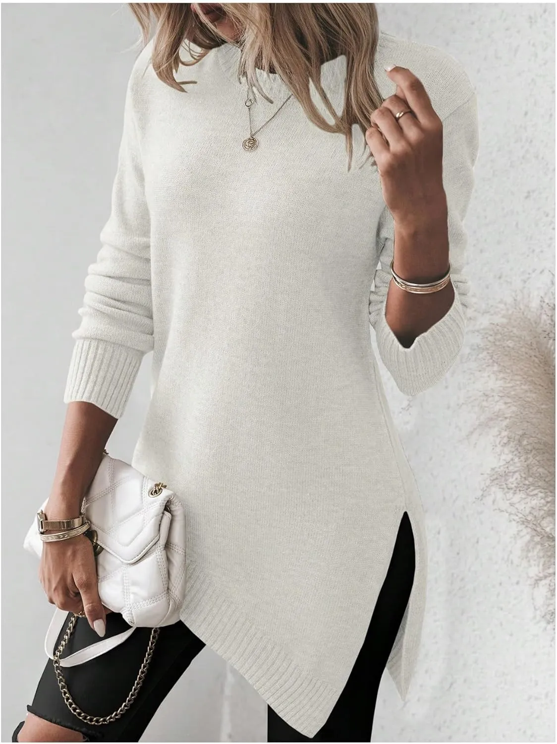 GORGLITTER Women's Split Asymmetrical Hem Sweater Long Sleeve Crewneck Knit Pullover Tops
