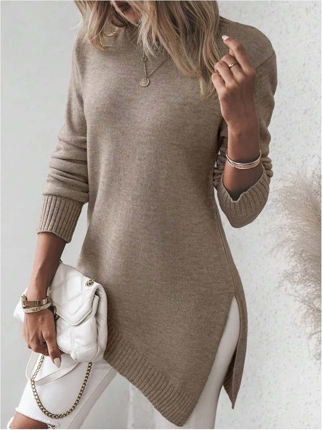 GORGLITTER Women's Split Asymmetrical Hem Sweater Long Sleeve Crewneck Knit Pullover Tops
