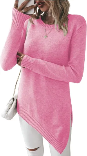 GORGLITTER Women's Split Asymmetrical Hem Sweater Long Sleeve Crewneck Knit Pullover Tops