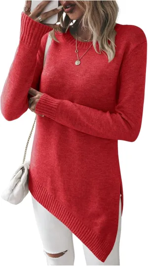 GORGLITTER Women's Split Asymmetrical Hem Sweater Long Sleeve Crewneck Knit Pullover Tops