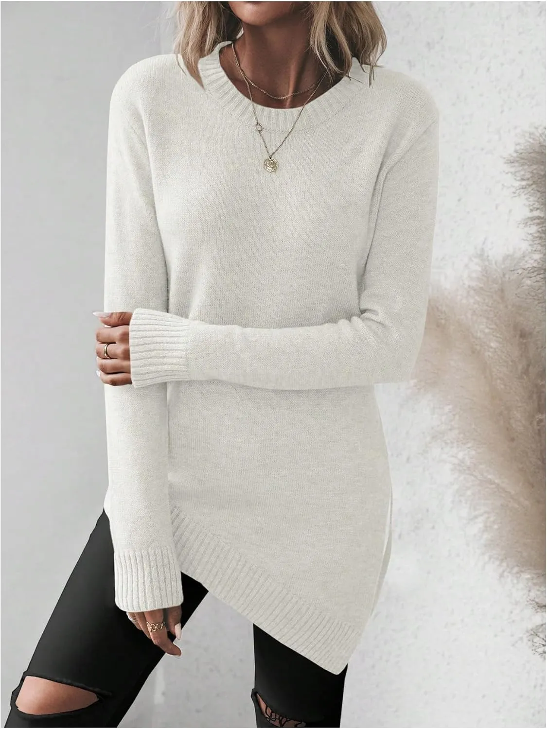 GORGLITTER Women's Split Asymmetrical Hem Sweater Long Sleeve Crewneck Knit Pullover Tops