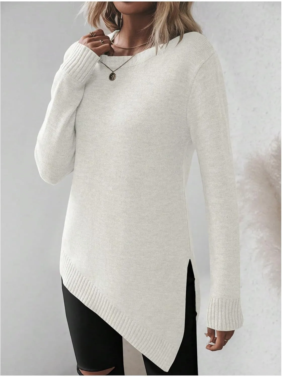 GORGLITTER Women's Split Asymmetrical Hem Sweater Long Sleeve Crewneck Knit Pullover Tops