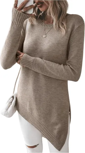 GORGLITTER Women's Split Asymmetrical Hem Sweater Long Sleeve Crewneck Knit Pullover Tops