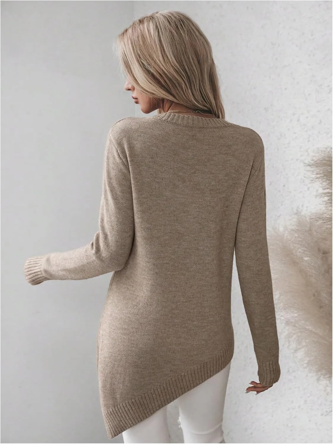 GORGLITTER Women's Split Asymmetrical Hem Sweater Long Sleeve Crewneck Knit Pullover Tops