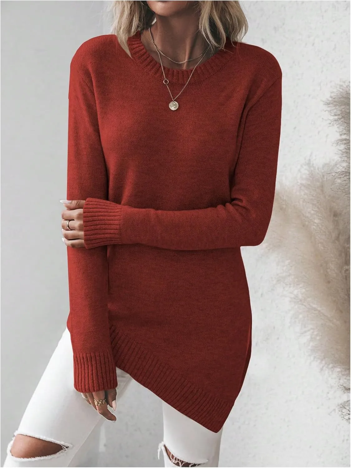 GORGLITTER Women's Split Asymmetrical Hem Sweater Long Sleeve Crewneck Knit Pullover Tops