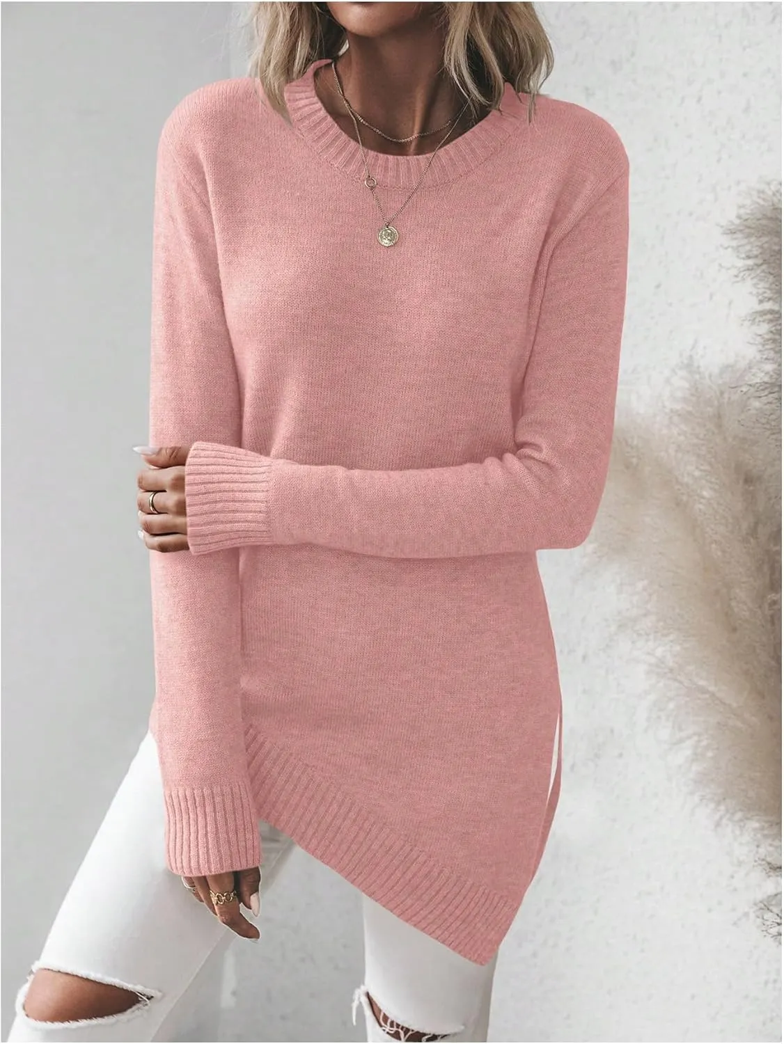GORGLITTER Women's Split Asymmetrical Hem Sweater Long Sleeve Crewneck Knit Pullover Tops